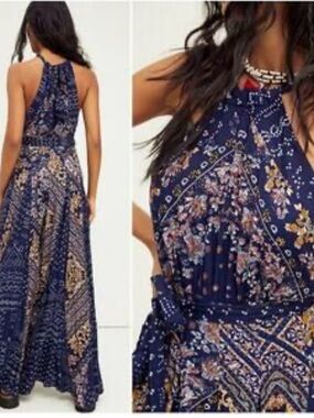 NWT Free People Summer Soire Jumpsuit in Garden Bandhini Navy Boho Women’s US 10